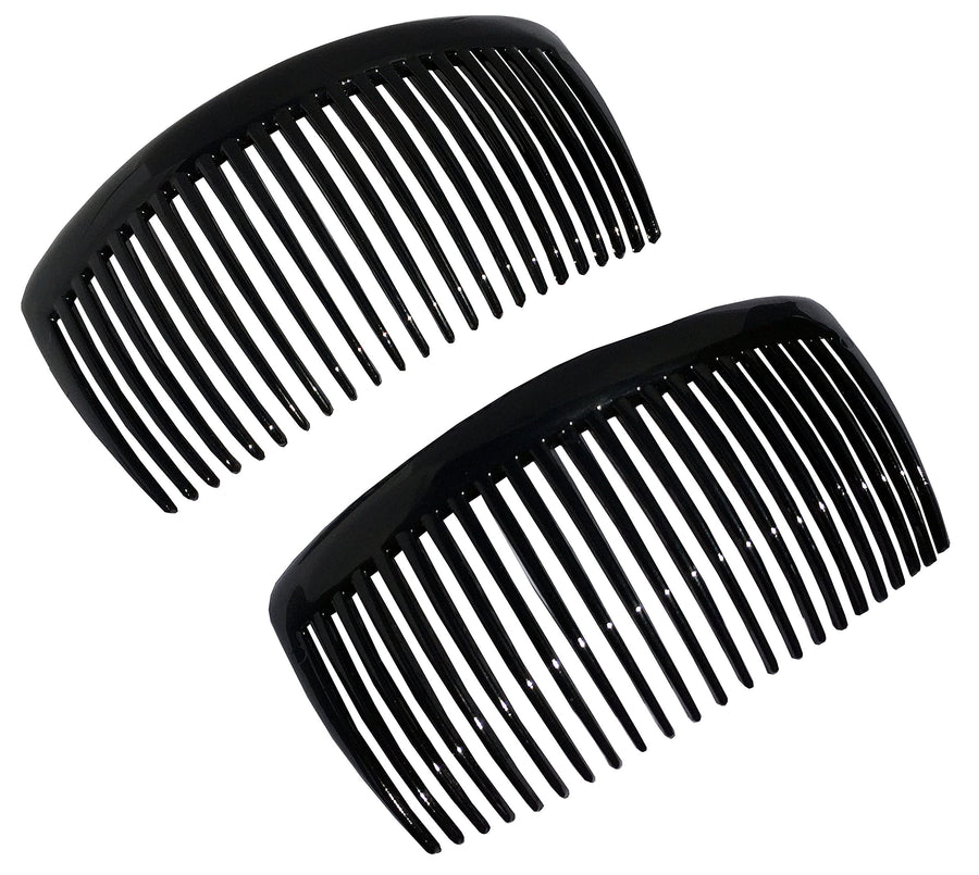 French Large 2 Pieces Glossy Black Cellulose Acetate Good Grip Updo 23 Teeth Hair Side Combs 4.25 Inches