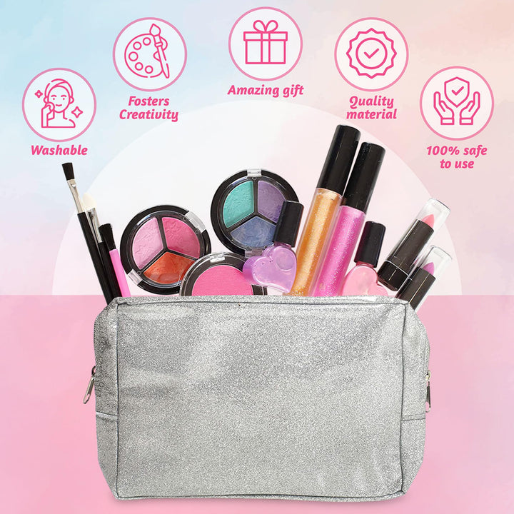 14 Piece Pretend Play Makeup Kit for Girls - Washable Princess Makeup Set with Glitter Cosmetics Bag, Pretend Makeup for Little Girls Ages 3 4 5 6 7 8, Fake Makeup, Pretend Makeup for Toddlers,