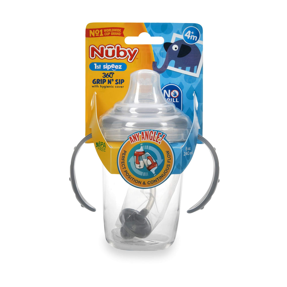 Twin Handle 360 Grip N' Sip 8oz Tritan Cup with Hygienic Cover, Grey,1 Count (Pack of 1)