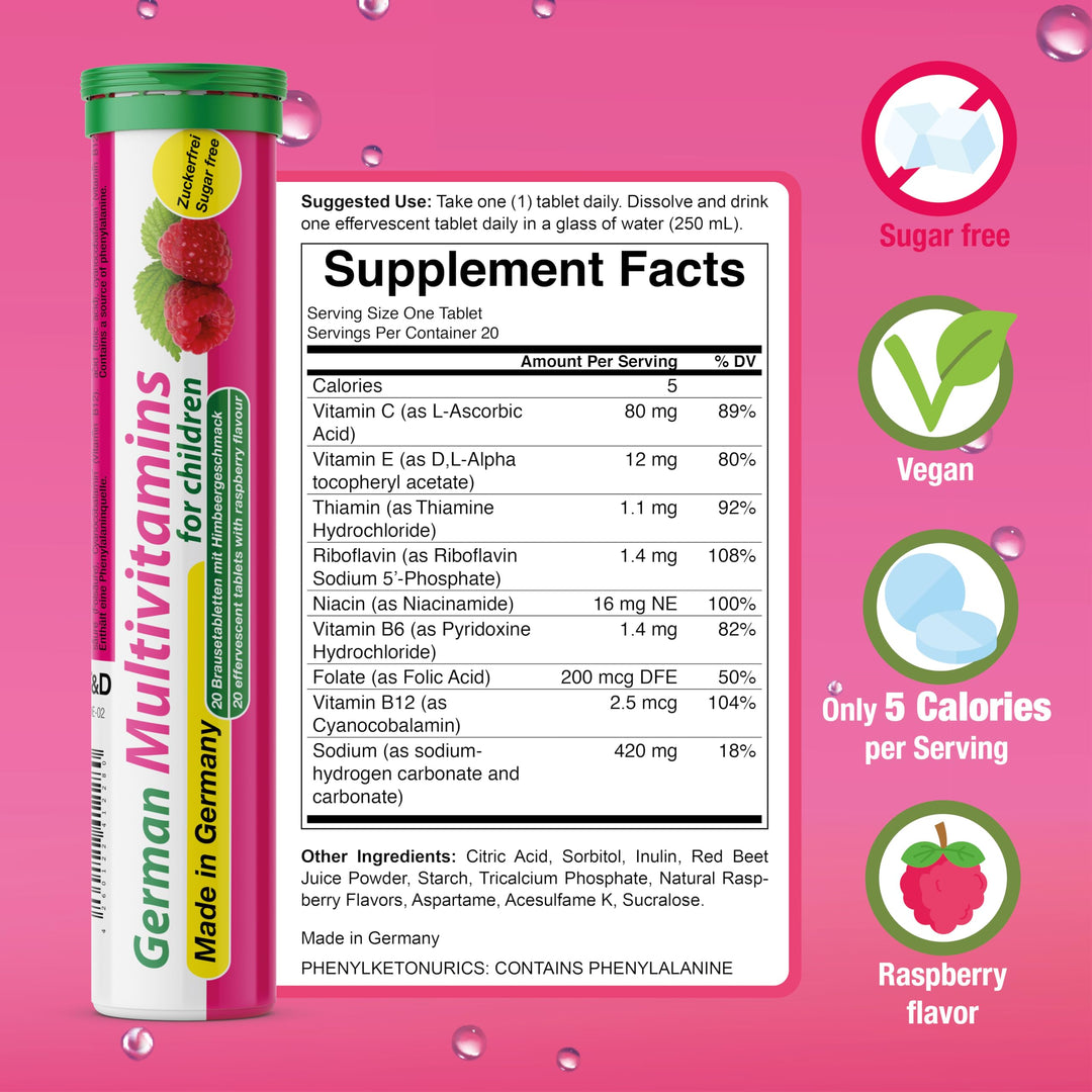 German Multvitamin for Children 8 Vitamins - 40 Vegan Drink Effervescent Tablets - Raspberry Flavor - Made in Germany
