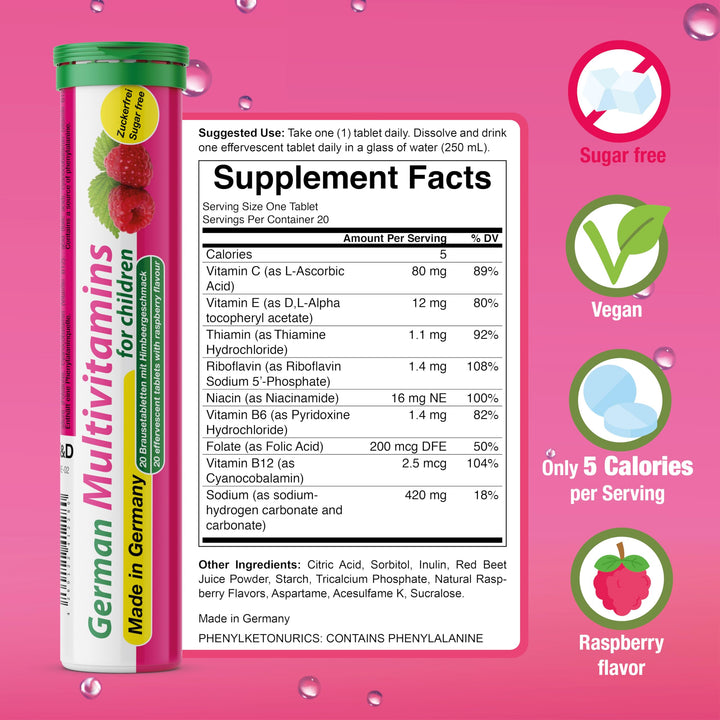 German Multvitamin for Children 8 Vitamins - 40 Vegan Drink Effervescent Tablets - Raspberry Flavor - Made in Germany