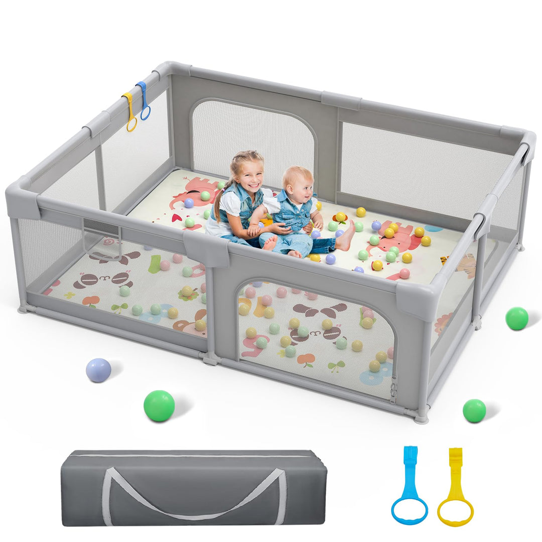 71x59 Extra Large Baby Playpen, Sturdy Safety Playard for Babies and Toddlers, Baby Activity Center with 8 Suction Cup Bases and Soft Breathable Mesh, Infants Play Pen with Gate, Gray