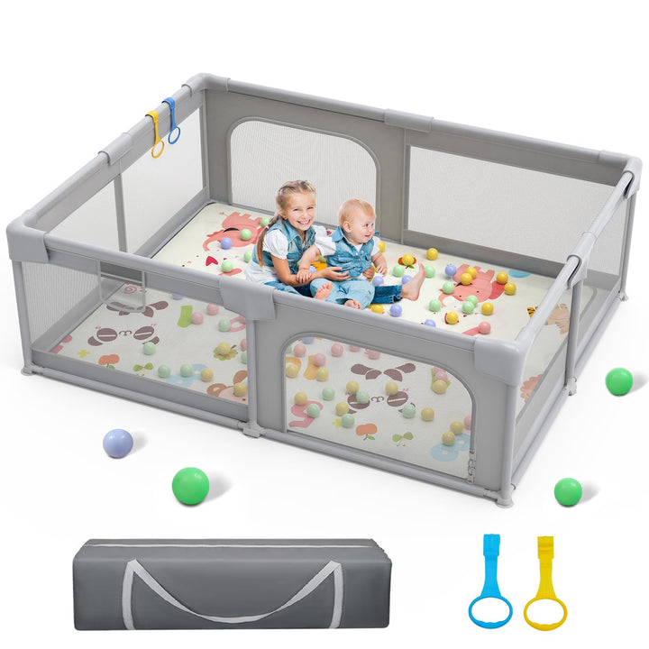 71x59 Extra Large Baby Playpen, Sturdy Safety Playard for Babies and Toddlers, Baby Activity Center with 8 Suction Cup Bases and Soft Breathable Mesh, Infants Play Pen with Gate, Gray