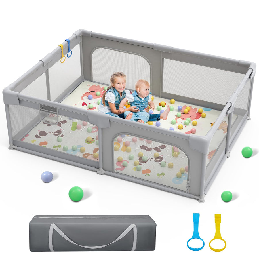 71x59 Extra Large Baby Playpen, Sturdy Safety Playard for Babies and Toddlers, Baby Activity Center with 8 Suction Cup Bases and Soft Breathable Mesh, Infants Play Pen with Gate, Gray