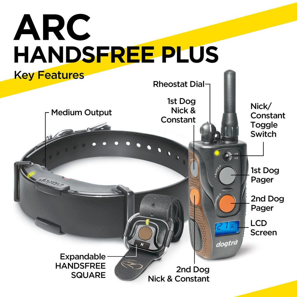 ARC HANDSFREE Plus Expandable to 2-Dog Remote Dog Training E-Collar with HANDSFREE Square for Discreet and Precise Control Slim Ergonomic Rechargeable Waterproof 3/4-Mile Range