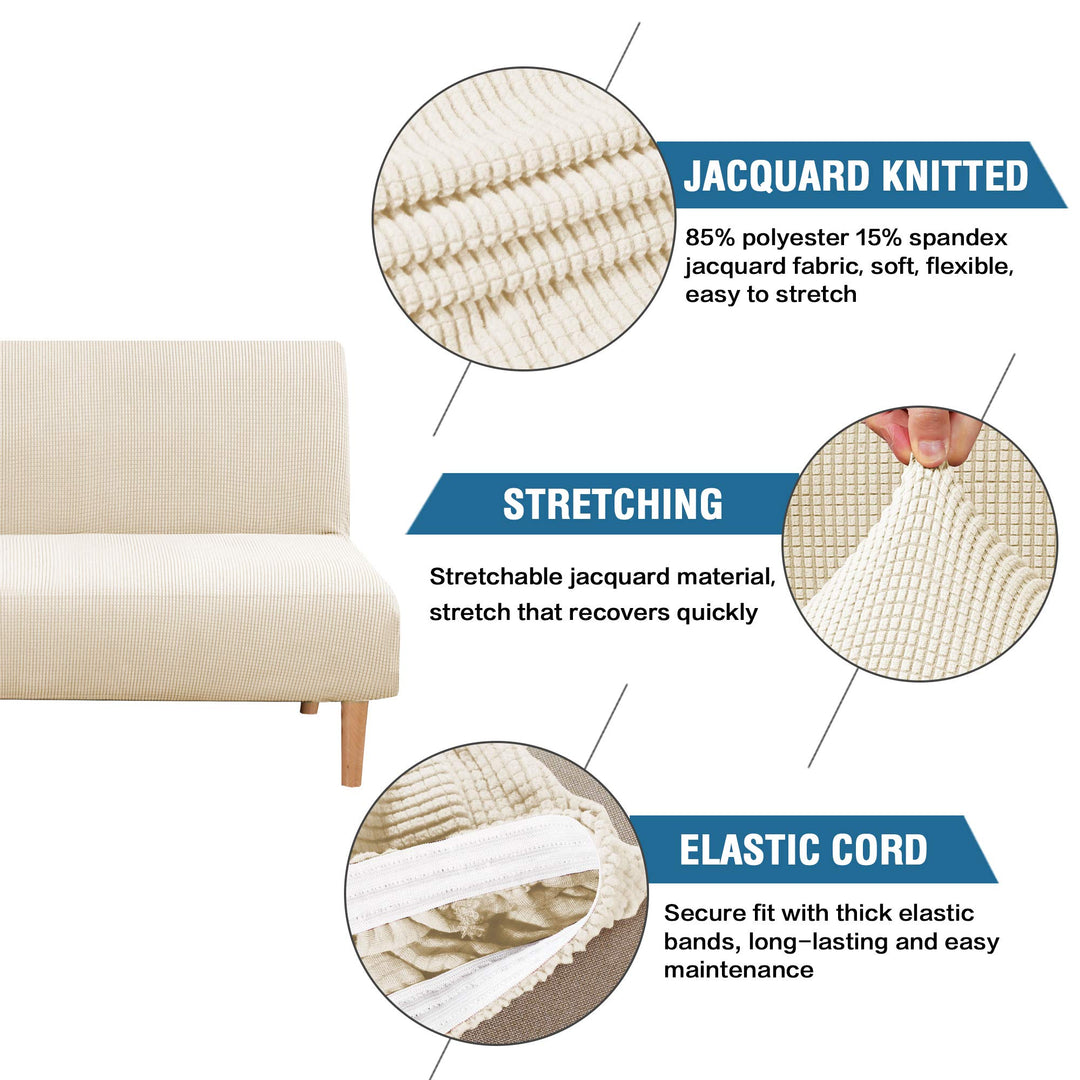 Armless Futon Cover Stretch Sofa Bed Slipcover Protector Elastic Feature Rich Textured High Spandex Small Checks Jacquard Fabric Futon Cover, Machine Washable, Natural