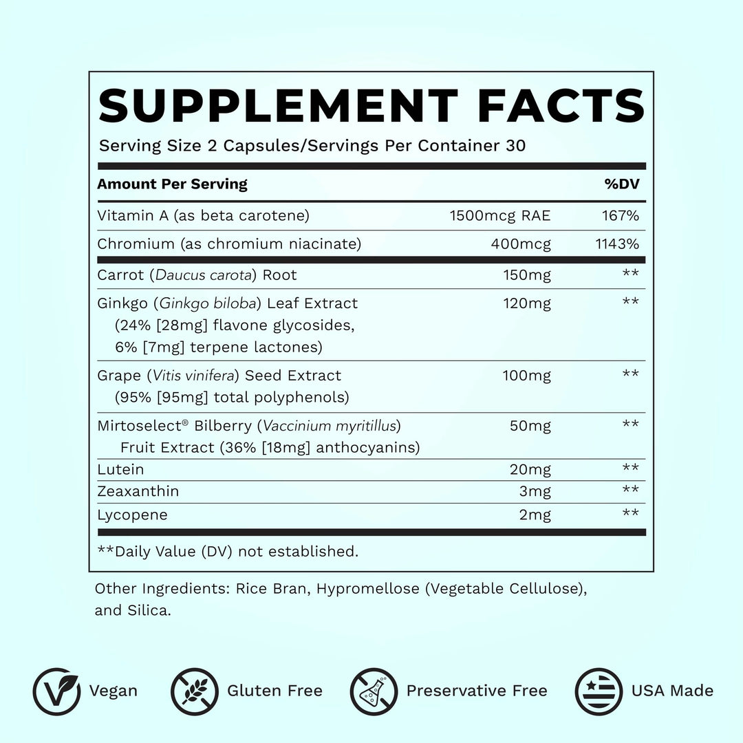 Visibili-T - Vitamin Supplement for Eye Health & Vision Support - Carrot Root, Chromium, Bilberry, Ginkgo Biloba, Grape Seed Extract, Lycopene, Vitamin A, Lutein & Zeaxanthin - 60 Capsules