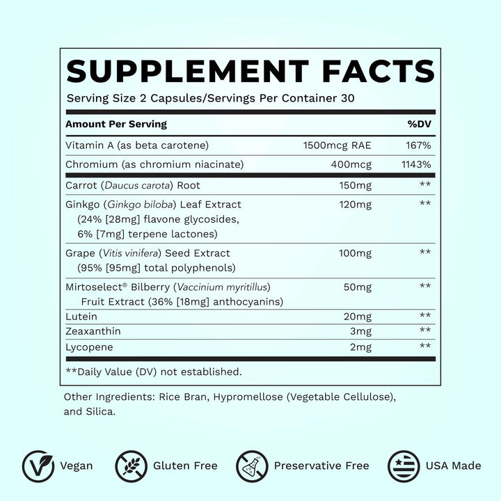 Visibili-T - Vitamin Supplement for Eye Health & Vision Support - Carrot Root, Chromium, Bilberry, Ginkgo Biloba, Grape Seed Extract, Lycopene, Vitamin A, Lutein & Zeaxanthin - 60 Capsules