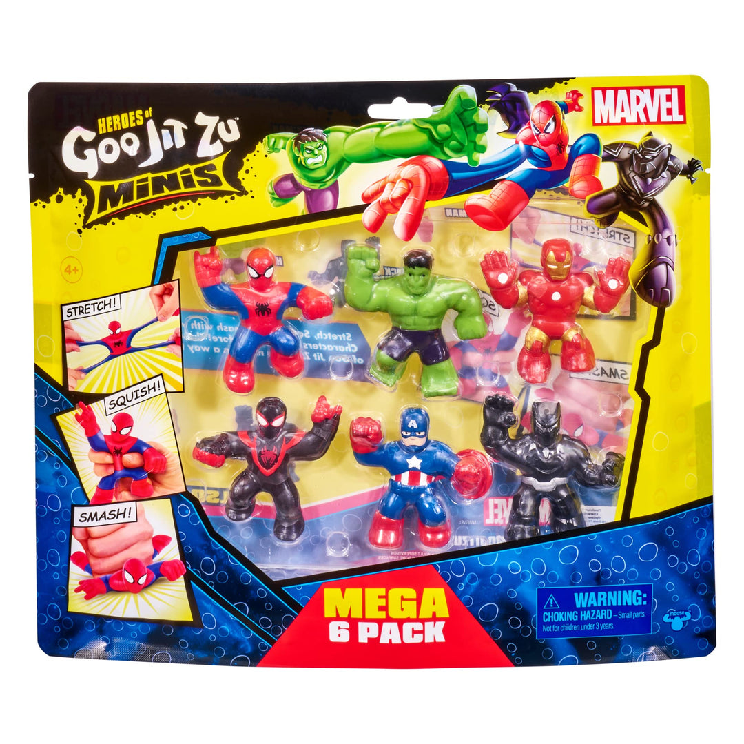 Marvel Mega Mini 6 Pack - Squishy, Stretchy, Gooey Mini Heroes - Ironman, Spider-Man, Captain America, Miles Morales, Hulk and Black Panther