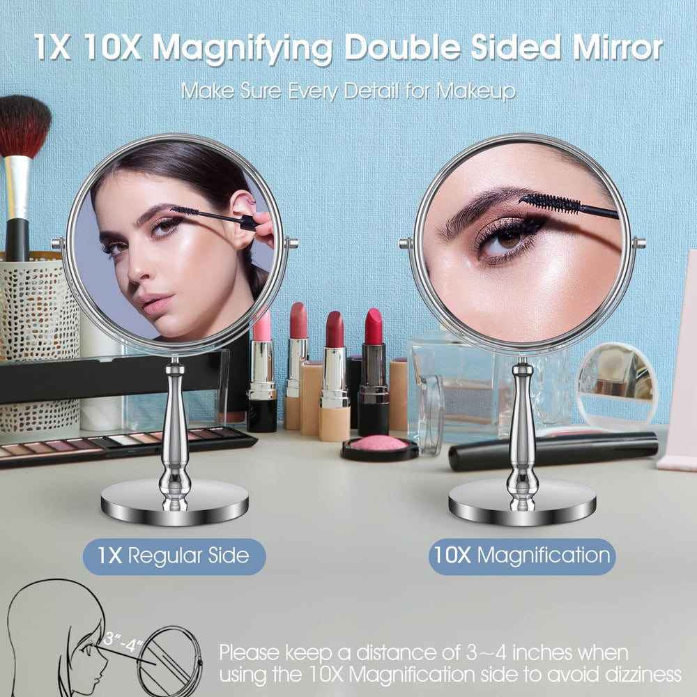 8 Large Makeup Vanity Mirror, Double Sided 1X 10X Magnification Mirror, 360 Swivel Round Mirror with Stand and Removable Base, High Definition, Chrome Finish(Silver)