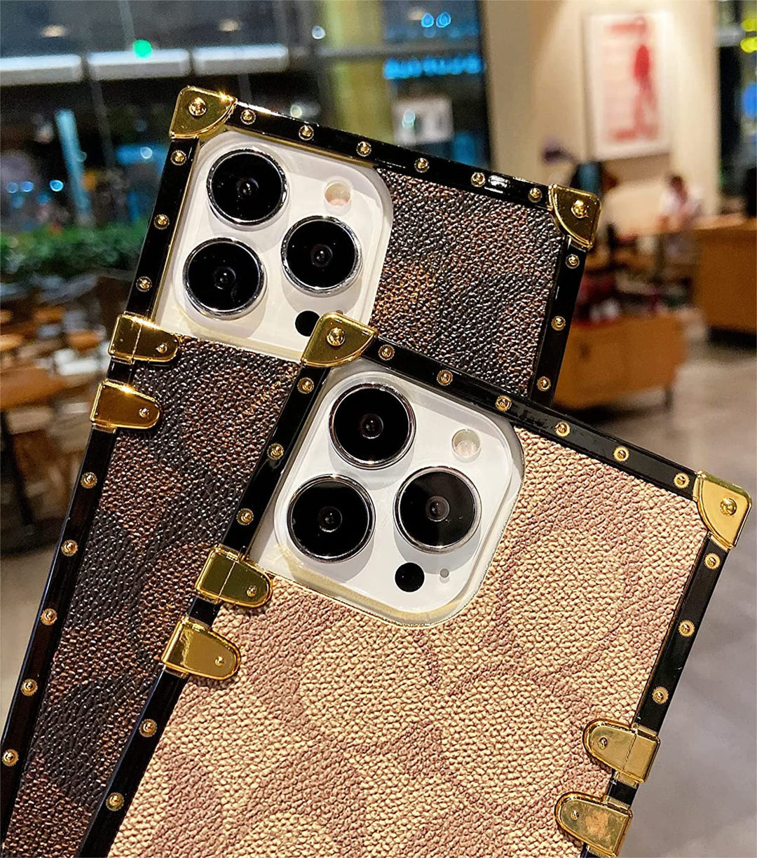 Designer Square Luxury iPhone 13 Pro Case for Girls Women, Cute Aesthetic Classic Pattern Leather Back Cover Soft Frame Metal nameplate Decoration Shiny Phone Trunk 13Pro 6.1 inch - Khaki