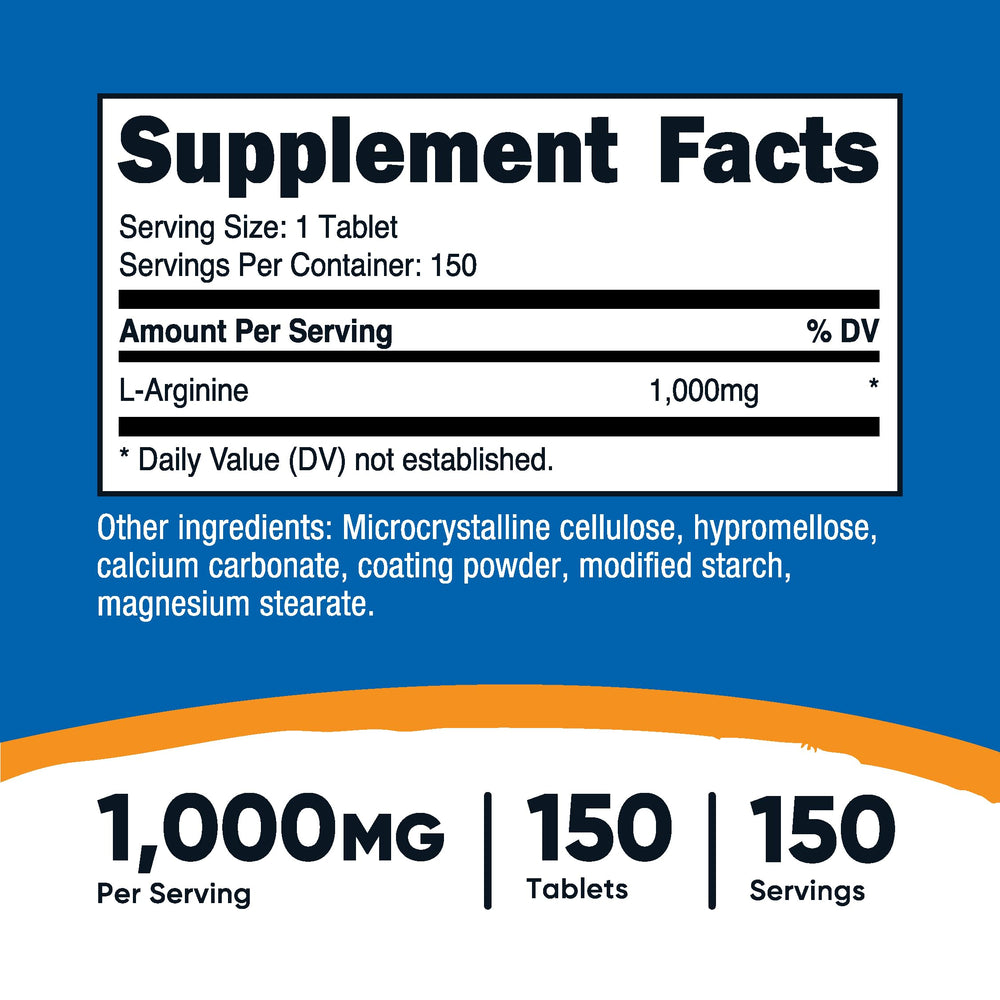 L-Arginine 1000mg, Amino Acid Tablets (150 Tablets)