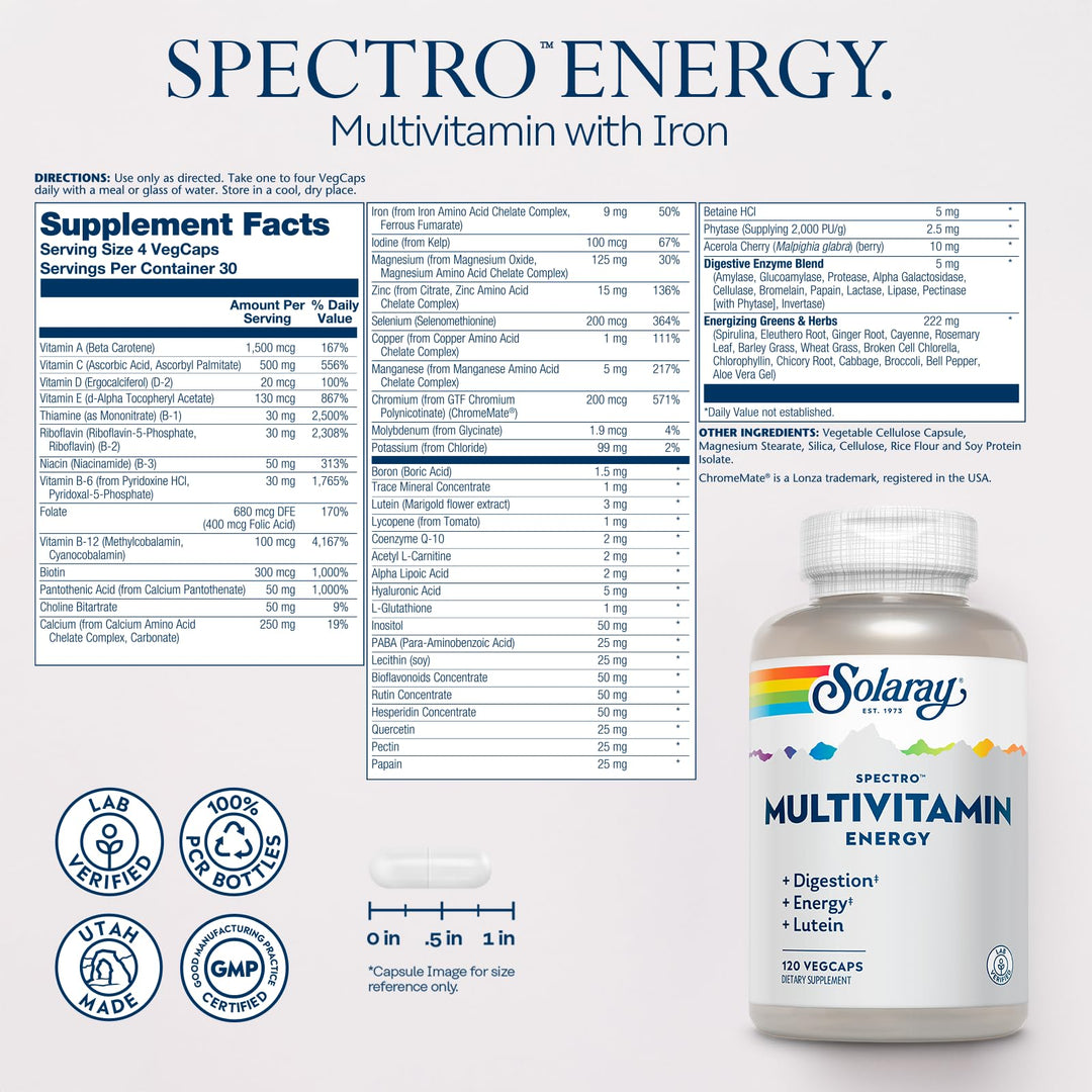 Spectro Energy Multivitamin for Women and Men - Cellular Energy, Digestion, Eye Health and Immune Support - w/Vitamin A, Vitamin B Complex, CoQ10, Iron, Enzymes, Lutein - 30 Serv, 120 VegCaps