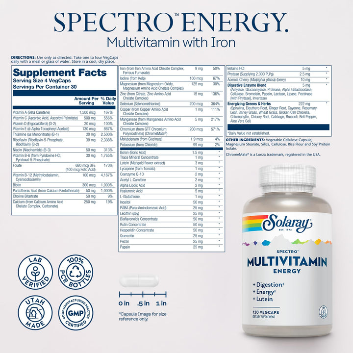 Spectro Energy Multivitamin for Women and Men - Cellular Energy, Digestion, Eye Health and Immune Support - w/Vitamin A, Vitamin B Complex, CoQ10, Iron, Enzymes, Lutein - 30 Serv, 120 VegCaps