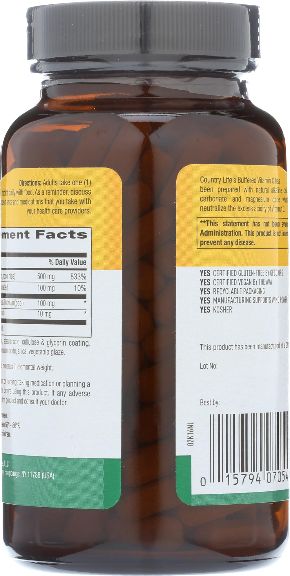 Vitamin C Buffered with Bioflavonoids, 500mg, 250 Tablets, Certified Gluten Free, Certified Vegan