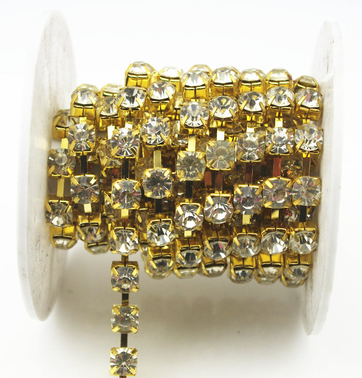 1 Yard 8mm Crystal Rhinestone Trims Chain Wedding Dress Sewing Craft Embellishments (Gold+Clear Rhinestone Chain)