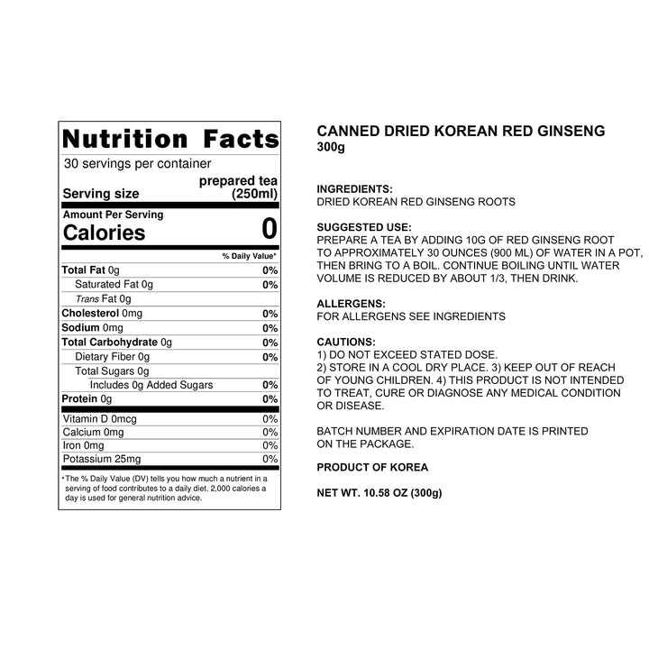 Pocheon 300g Korean Canned Dried Panax Red Ginseng 19 Roots 6 Years Good Grade 300-30, Natural Immune Support