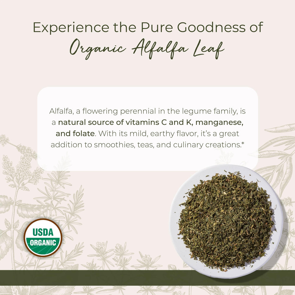 Organic Alfalfa Leaf - Dried Loose Leaf Herb for Nutrition, Use in Tea, Juice, & Smoothies, Cut & Sifted, Certified Kosher, Non-GMO - Bulk 1 lb Bag