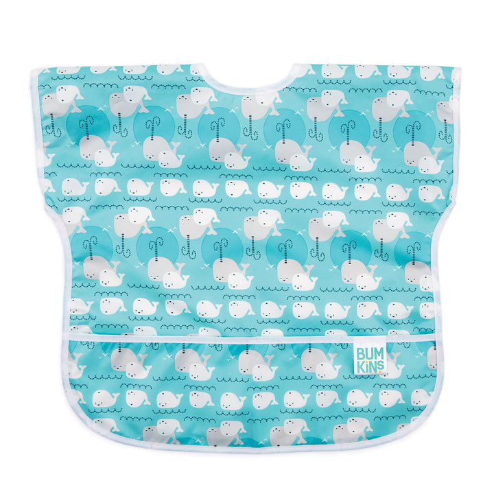 Bibs, Baby and Toddler, Big Kids Girl and Boy, Large for Children 1-3 Years, Short Sleeve, Mess Saving, Smock for Eating and Playtime, Lightweight Waterproof Soft Fabric, Whales Away