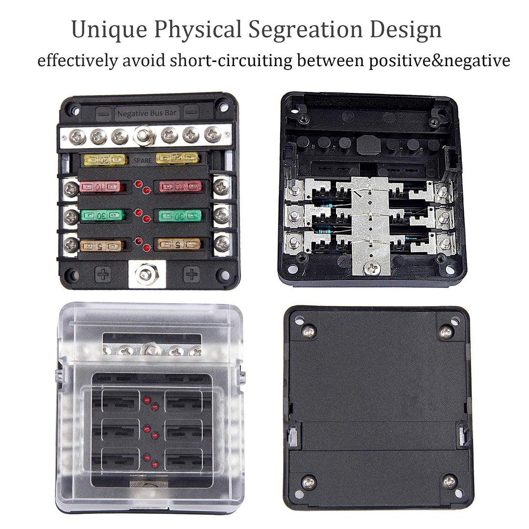 Fuse Block, 6 Way Fuse Panel with 36pcs Fuse Blades Fuse Box w/Negative Bus LED Warning Indicator for Boat Marine Car Auto (6 Circuit)
