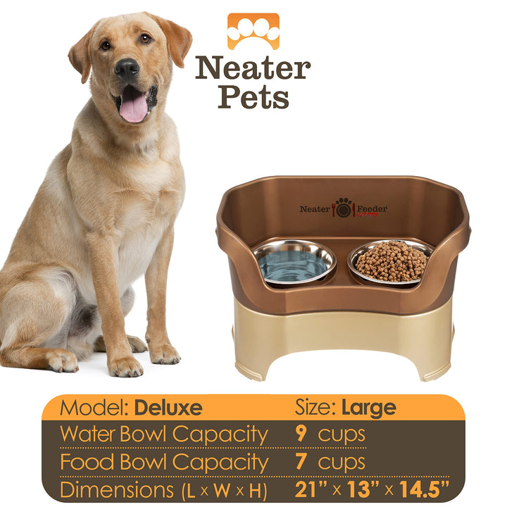 Neater Feeder Deluxe Mess Proof Dog Bowls Elevated for Large Breed – Made in USA – No Spill Raised Dog Food Bowl Stand – Stainless Steel Food and Water Bowl Set, Pet Dish Feeding Station, Bronze
