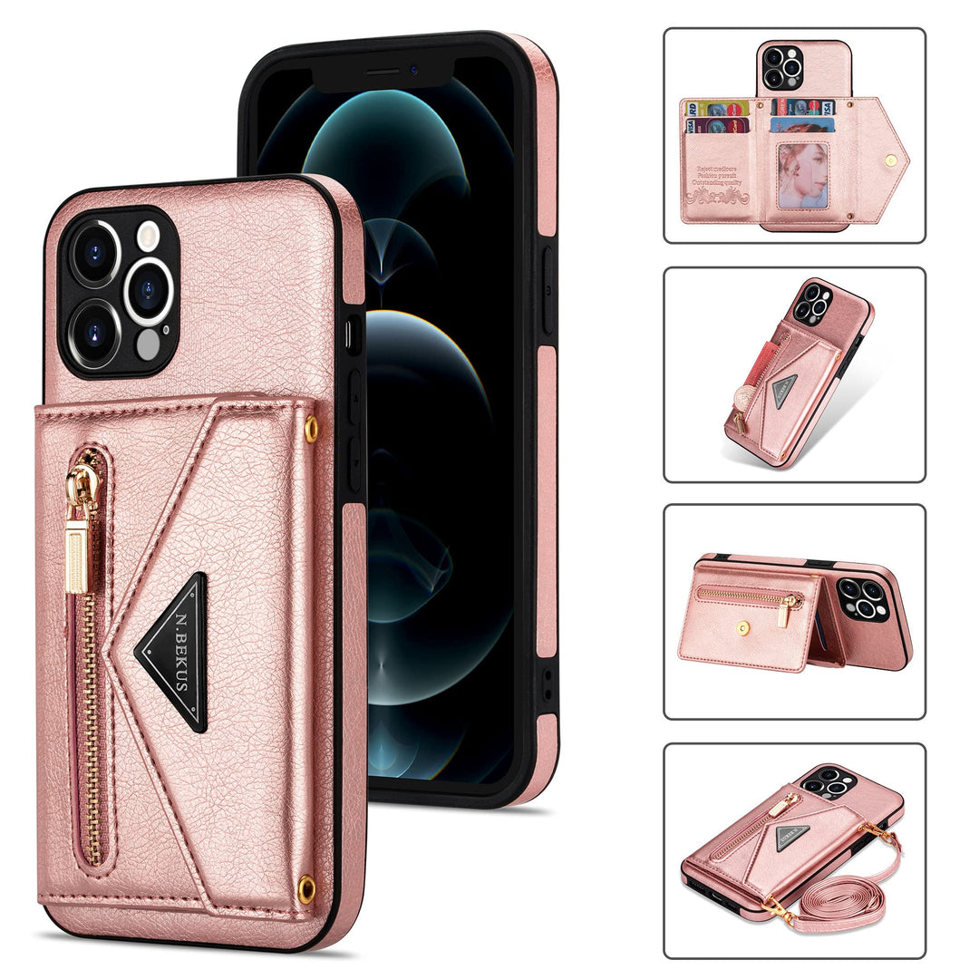 Wallet Crossbody for iPhone 13 Pro Max Phone Case with Lanyard Strap Credit Card Holder 6.7'', PU Leather Protective Handbag Zipper Purse Kickstand Cover Women Girl (Pink)