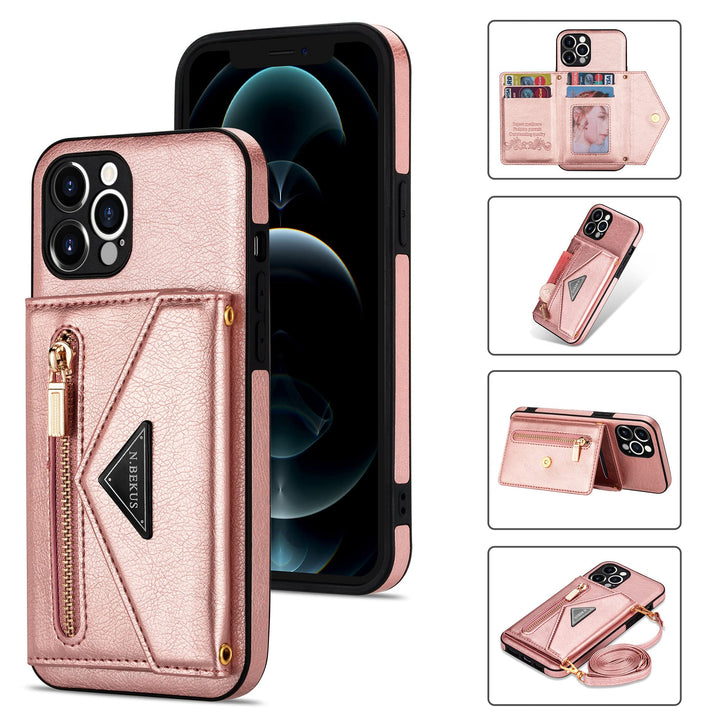 Wallet Crossbody for iPhone 13 Pro Max Phone Case with Lanyard Strap Credit Card Holder 6.7'', PU Leather Protective Handbag Zipper Purse Kickstand Cover Women Girl (Pink)