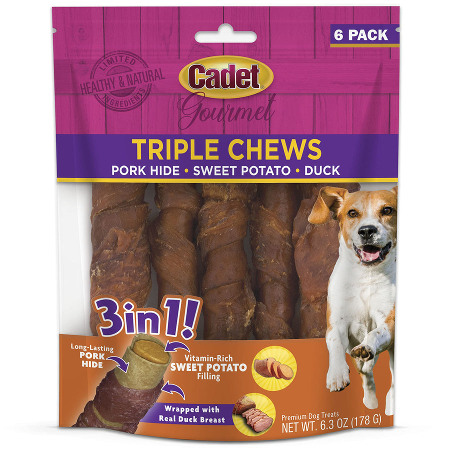 Gourmet Triple Chews Pork Hide, Sweet Potato, & Duck Dog Treats - Healthy Dog Treats for Small & Large Dogs - Inspected & Tested in USA (6 Count)