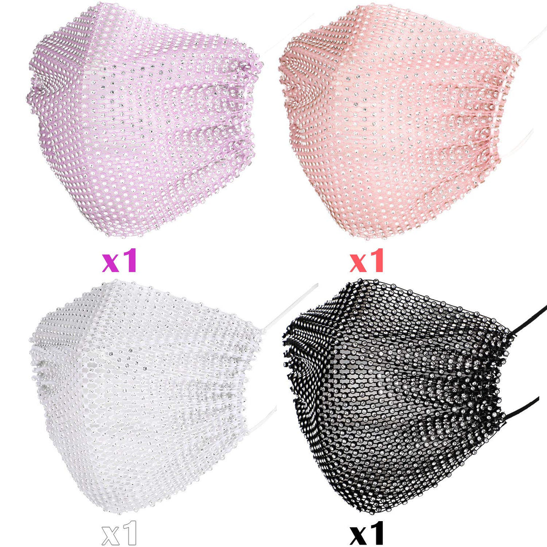4 Pieces Rhinestone Mesh Face Cover Crystal Metal Glittery Masquerade for Cosplay Party Costume (Black, White, Pink, Purple)