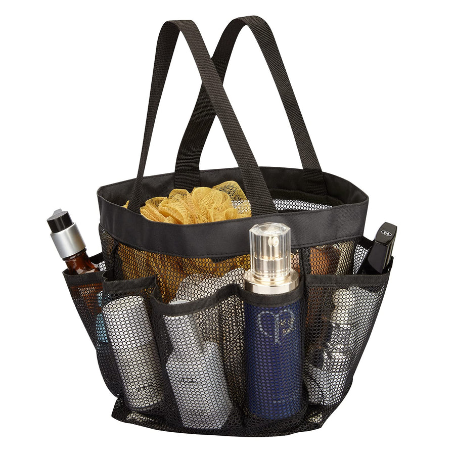 Mesh Shower Caddy Tote Bag 8 Pockets, Hanging Portable Toiletry Bag for Men and Women, College Dorm Essentials Quick Dry Bath Organizer for College Dorms, Gym, Camp (Black)