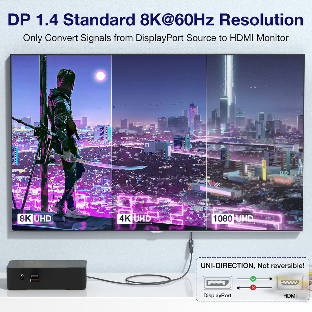 8K@60Hz DisplayPort to HDMI Adapter, Uni-Directional DP 1.4a to HDMI 2.1 Converter Cable, Support 8K, 4K@120Hz, 2K@240Hz, VRR, HDR, HDCP 2.3, DSC 1.2a for HP, ASUS, DELL, GPU, AMD, NVIDIA