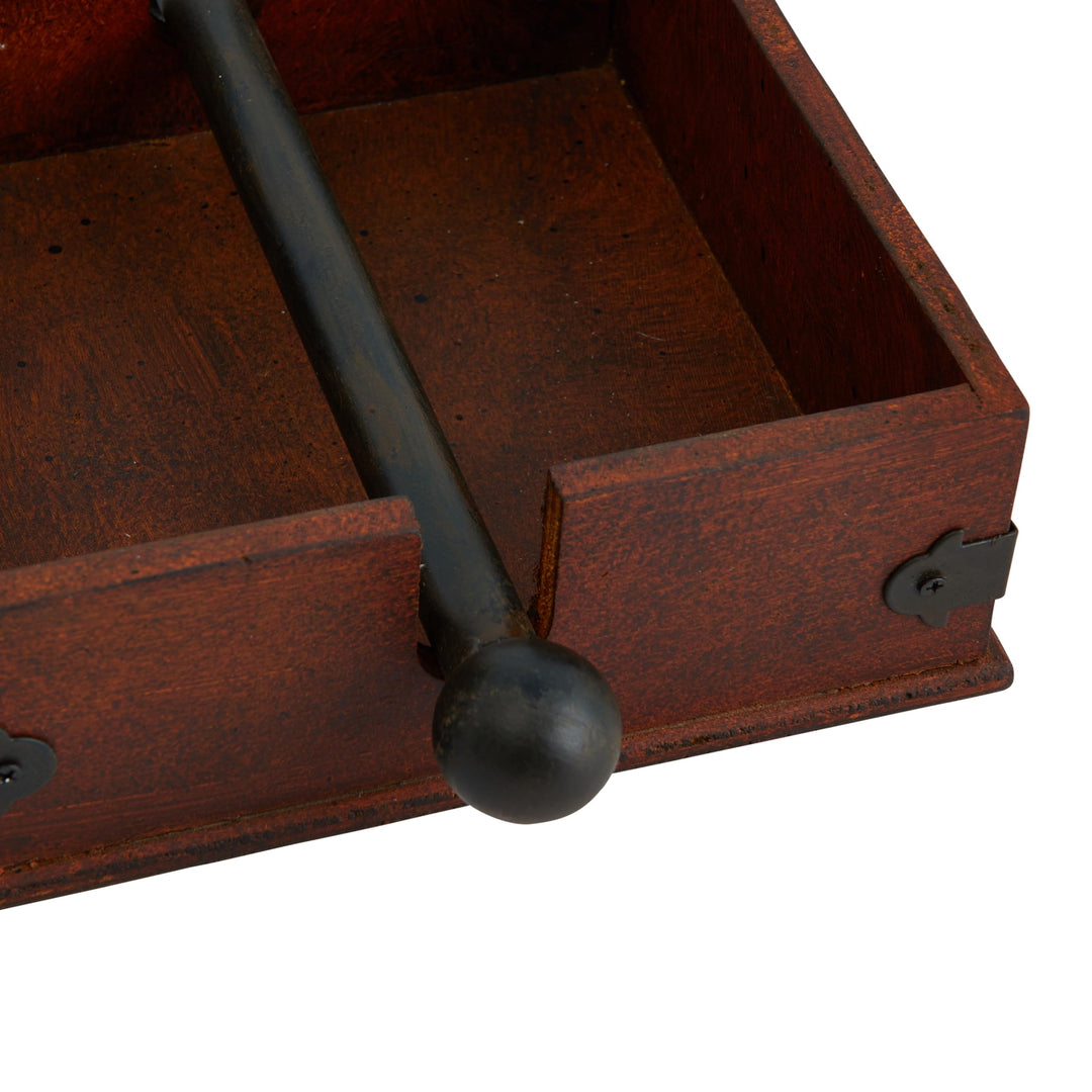 Square Wood Napkin Holder With Metal Bar, Large, brown