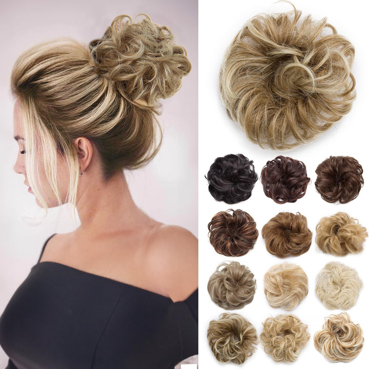 Messy Bun Hair Piece Scrunchy Updo Hair Pieces for Women Fluffy Wavy Hair Bun Scrunchies Donut Hairpiece Synthetic Chignons With Elastic Rubber Band Light Ash Brown to Bleach Blonde 1 pc