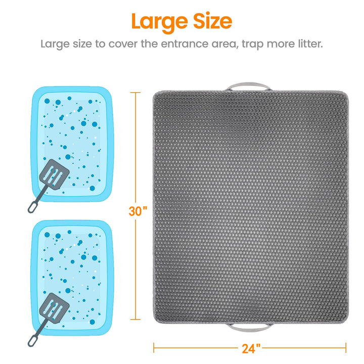 Conlun Cat Litter Mat-30X24 Jumbo Litter Trapping Mat EVA Honeycomb,Urine & Waterproof Scatter Control Matt for Cat with Handle Design Easier to Clean, Less Waste, Soft On Paws, Gray