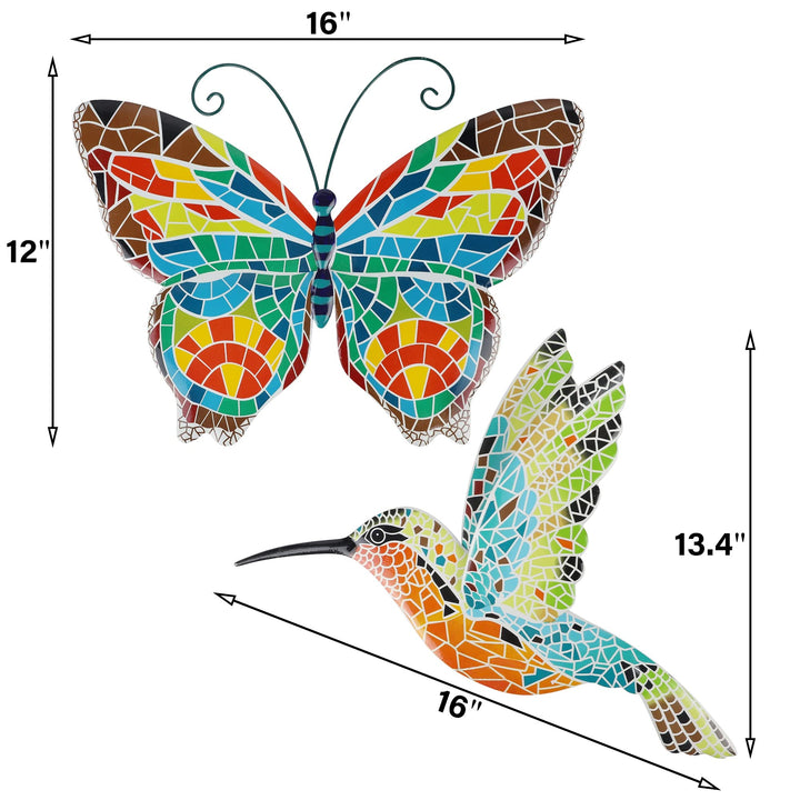 16 Inch Large Wall Decor, Set of 2 Butterfly Hummingbird Metal Wall Art, Bird Wall Sculpture Hanging Decorations, Perfect for Garden Yard Fence Home Kitchen Bedroom Outdoor Indoor