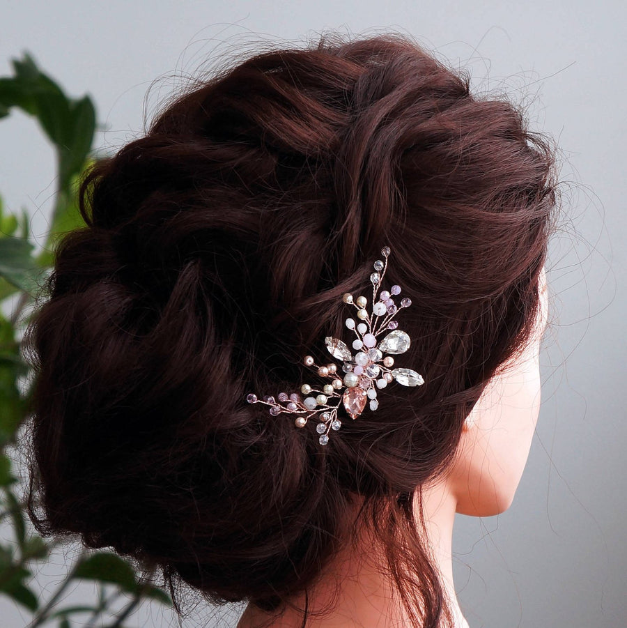 Handmade Wedding Pink Crystal Beads Hair Comb with Pearl for Brides Bridal Cute Headpiece Prom Hair Dress(Silver)