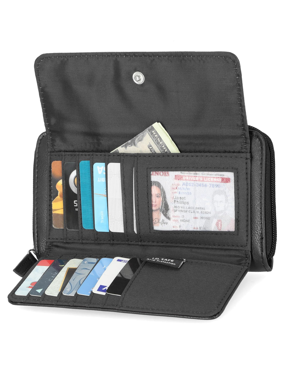 Womens - Bulk Cargo Vegan Leather RFID Wallet - Fashionable Zip Around Large Clutch with Phone Case and Multi-Card Organizer (Black)