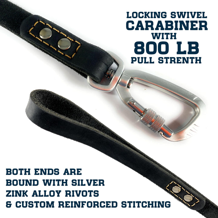 Leather Dog Leash with Locking Carabiner | Strong and Soft Leash for Large Medium Small Dog Training and Walking | 6 Ft Long x ¾” Wide Heavy Duty Real Genuine Leather | Black and Brown