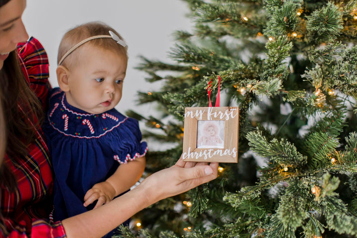 Baby’s First Christmas Wooden Picture Frame Ornament, Newborn Milestone Keepsake Photo, Holiday Gift For New and Expecting Parents, Rustic My First Christmas Ornament