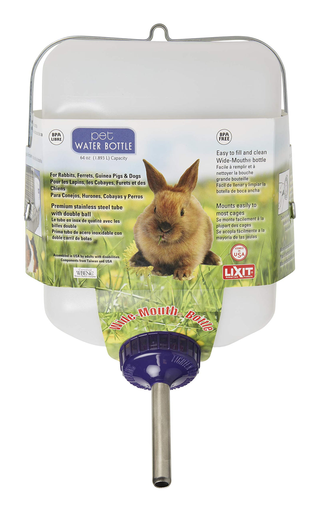 Widemouth Cage Water Bottles for Rabbits, Ferrets, Guinea Pigs, Rats and Other Small Animals. (White, 64 Ounce)
