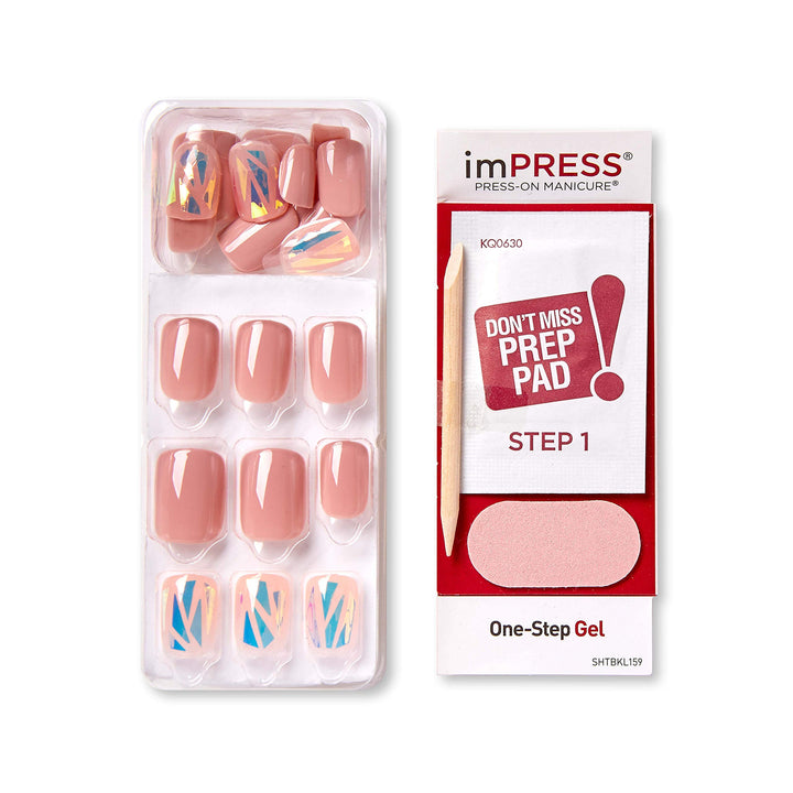 KISS No Glue Mani Press On Nails, Design, 'Miracle', Pink, Short Size, Squoval Shape, Includes 30 Nails, Prep Pad, Instructions Sheet, 1 Manicure Stick, 1 Mini File