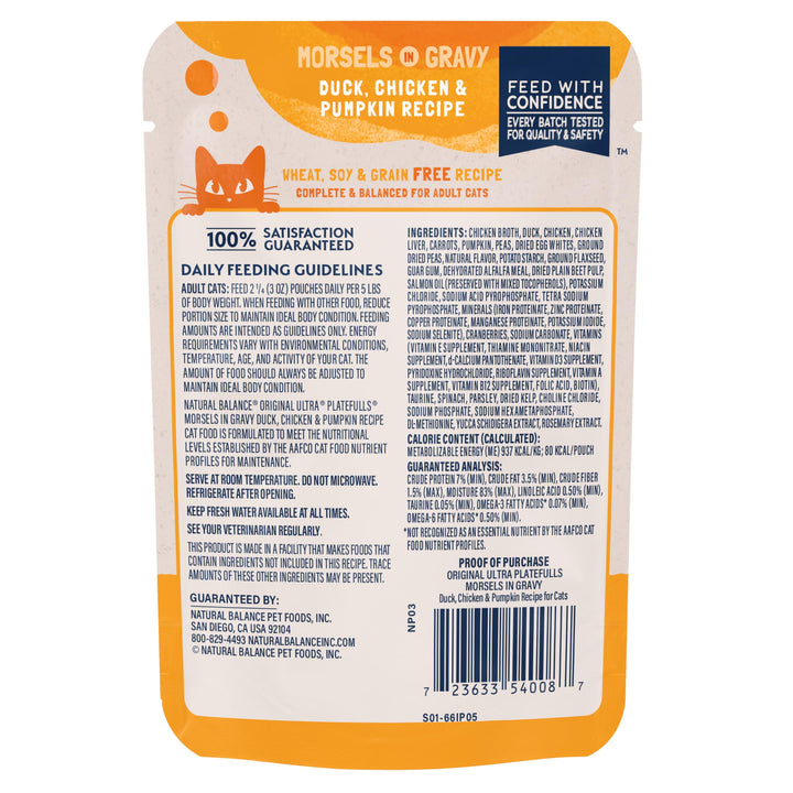 Original Ultra Platefulls Indoor Adult Grain Free Wet Cat Food, Duck, Chicken & Pumpkin Recipe, 3 Ounce Pouch (Pack of 24)
