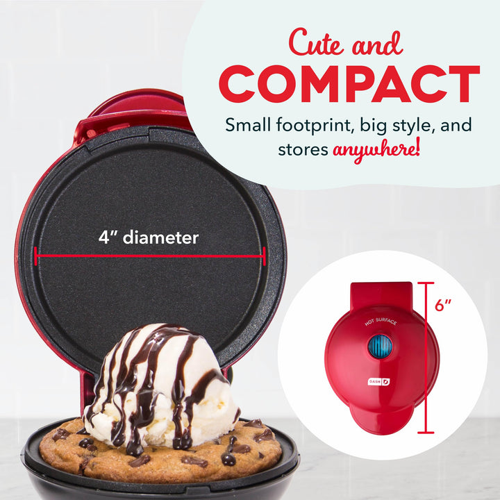 Mini Maker Electric Round Griddle for Individual Pancakes, Cookies, Eggs & other on the go Breakfast, Lunch & Snacks with Indicator Light + Included Recipe Book - Red