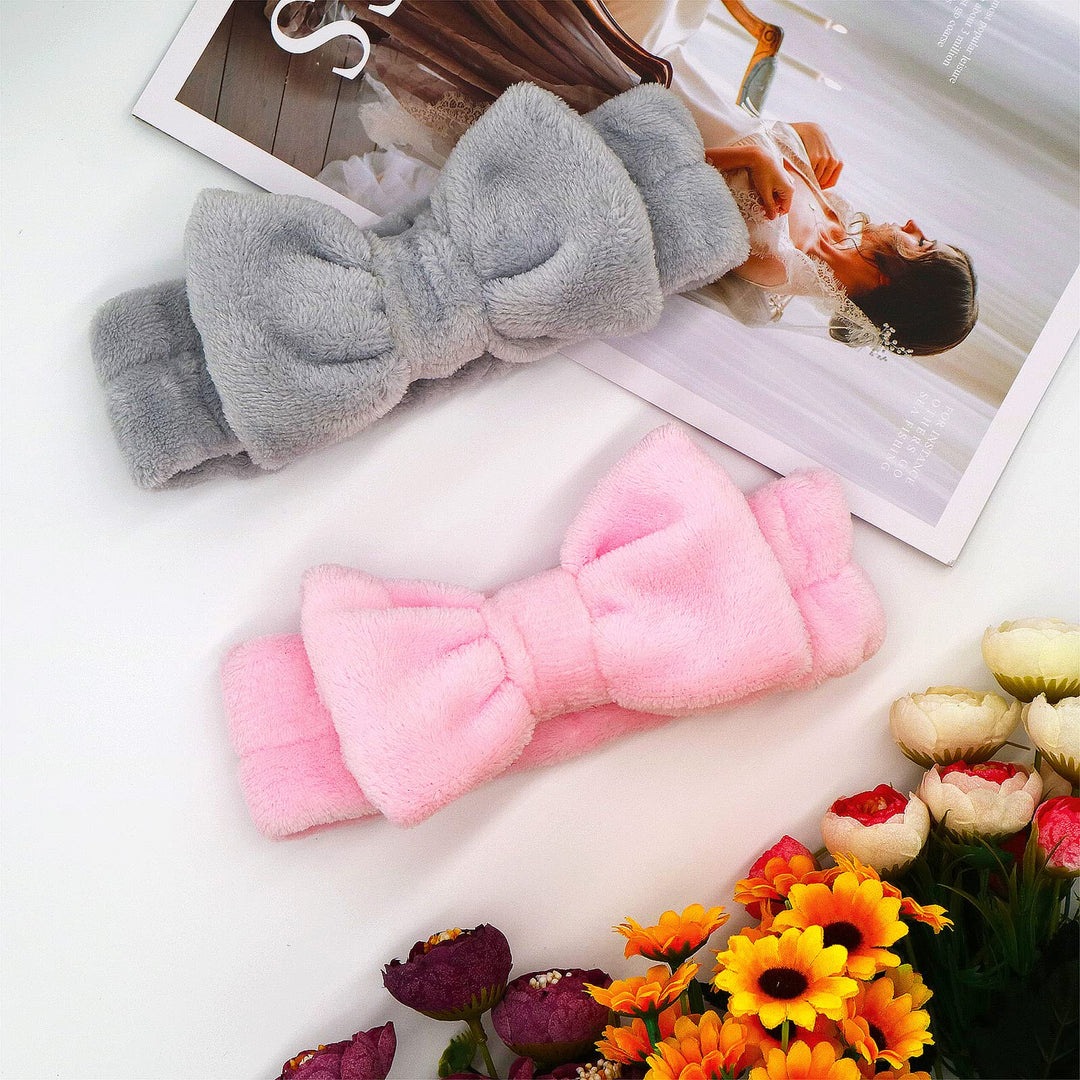 2 Pack Spa Headband ,Bowknot Coral Fleece Elastic Headband With 2 Silicone Face Mask Brush,for Women Girls Washing Face Beauty Skincare And Sports. (Gray,Pink)
