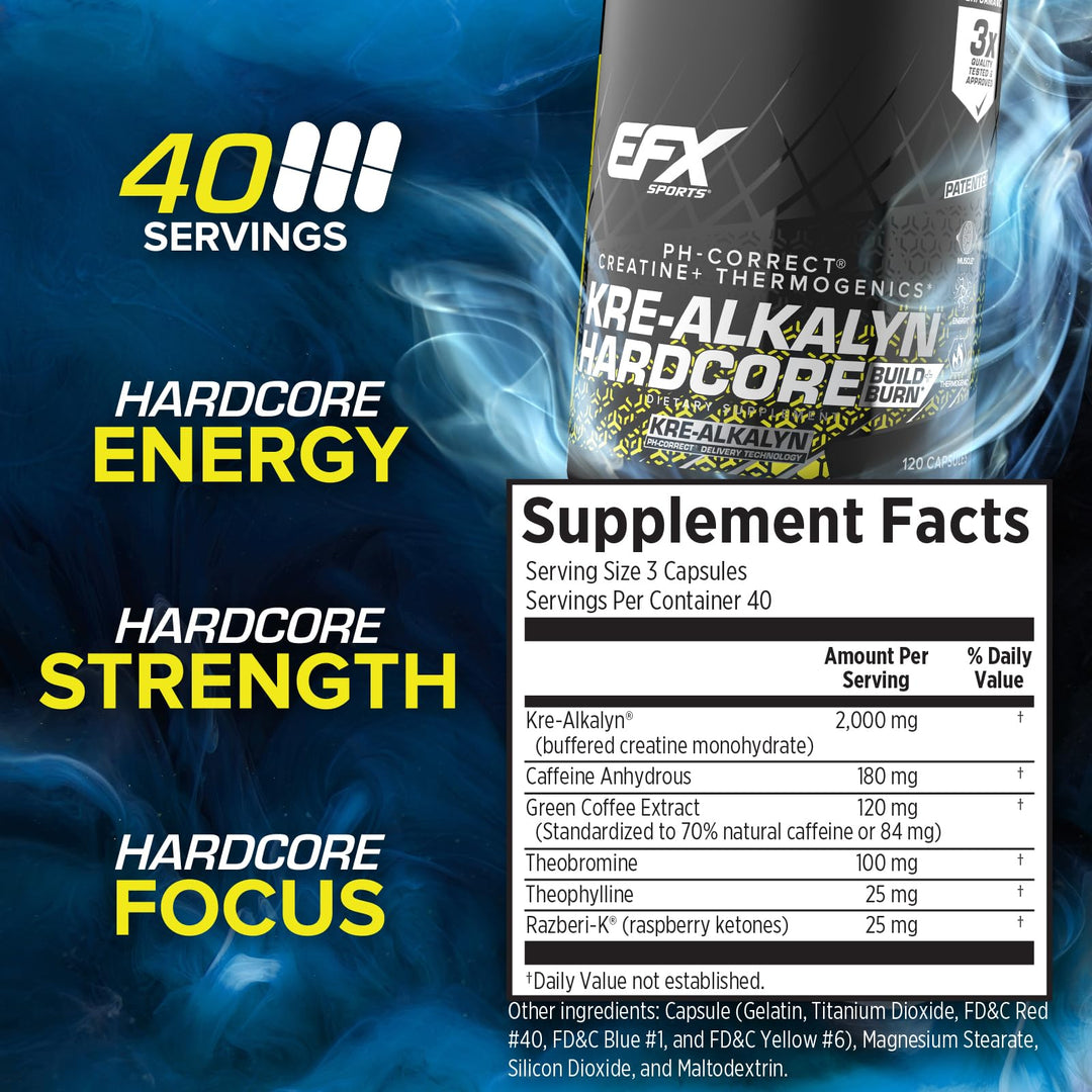 Kre-Alkalyn Hardcore | Thermogenic pH Correct Creatine Monohydrate Pill Supplement | Energy & Strength Pre Workout | 40 Servings, 120 Capsules
