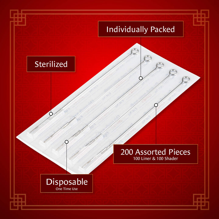 200 needles (100Pc Liner + 100 Shader) Tattoo Needles 25Pc-3RL 50Pc - 5RL 25Pc-7RL 25Pc-5RS 25Pc-7RS 25Pc - 9RS 10Pc-5M1 15Pc- 7M1