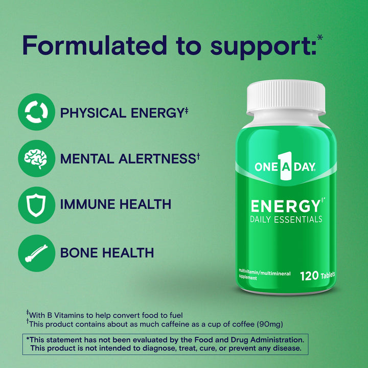Energy Daily Essentials Multivitamin, Energy Supplement to Support Mental Alertness and Immune Health with Vitamins A C, D, E, Zinc and Caffeine, 120 Count