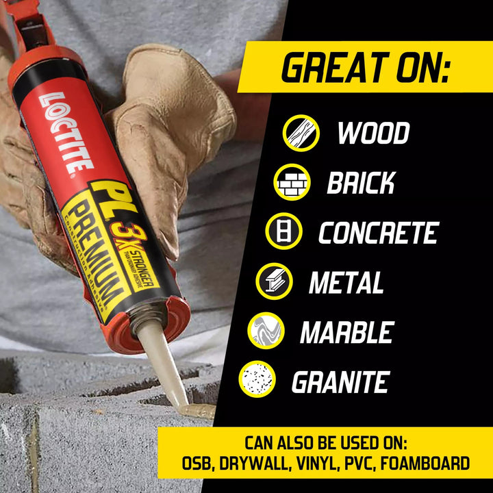 PL Premium Polyurethane Construction Adhesive, Versatile Construction Glue for Wood, Concrete, Stone, Metal & More- 10 fl oz, Cartridge, 12 Pack