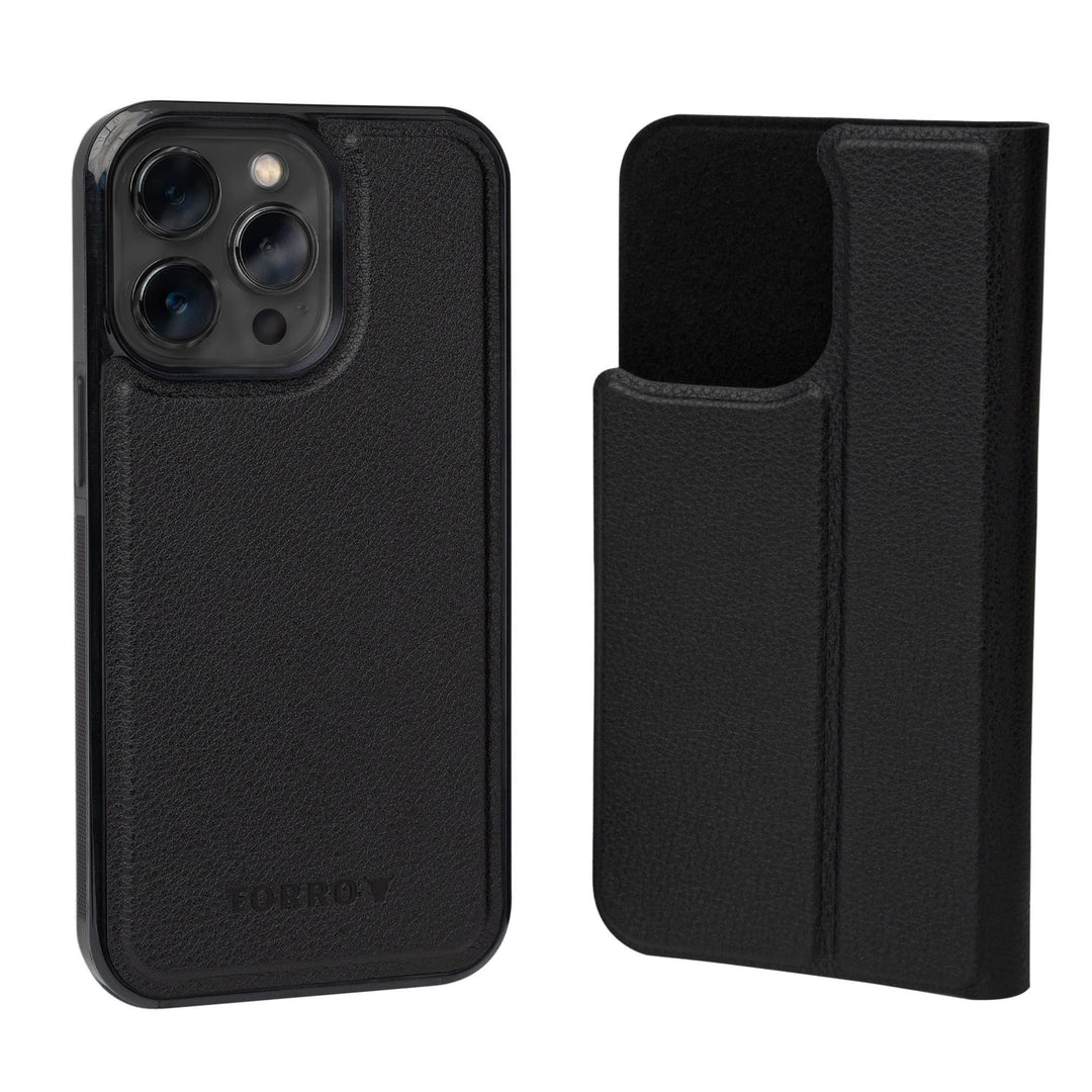 Leather Case Compatible with iPhone 14 Pro Max – Genuine Leather MagSafe Compatible Bumper Case with Magnetically Detachable Cover with Kickstand (Black)