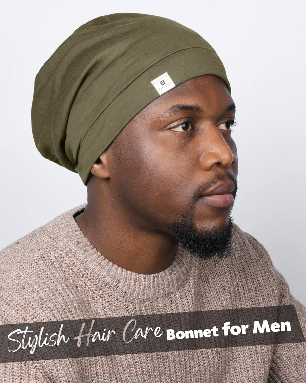 Silk Satin Bonnet Hair Cover Sleep Cap - Olive Green Adjustable Stay on Silk Lined Slouchy Beanie Hat for Night Sleeping